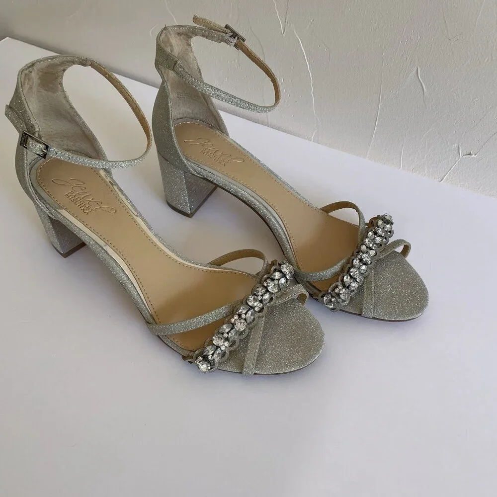 Badgley Mischka Silver Sparkle and Crystals Rhinestone Sandals Block Heels US 8